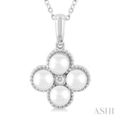 4 MM Clover Cultured Pearl and 1/50 ctw Round Cut Diamond Fashion Pendant With Chain in 10K White Gold